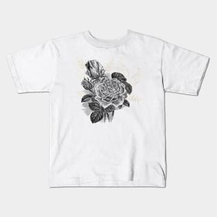 Black Rose Flower with Gold, Botanical Illustration Kids T-Shirt